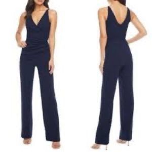 Dress the Population Sam Navy Blue Wide Leg V-Neck Ruched Jumpsuit Size L
